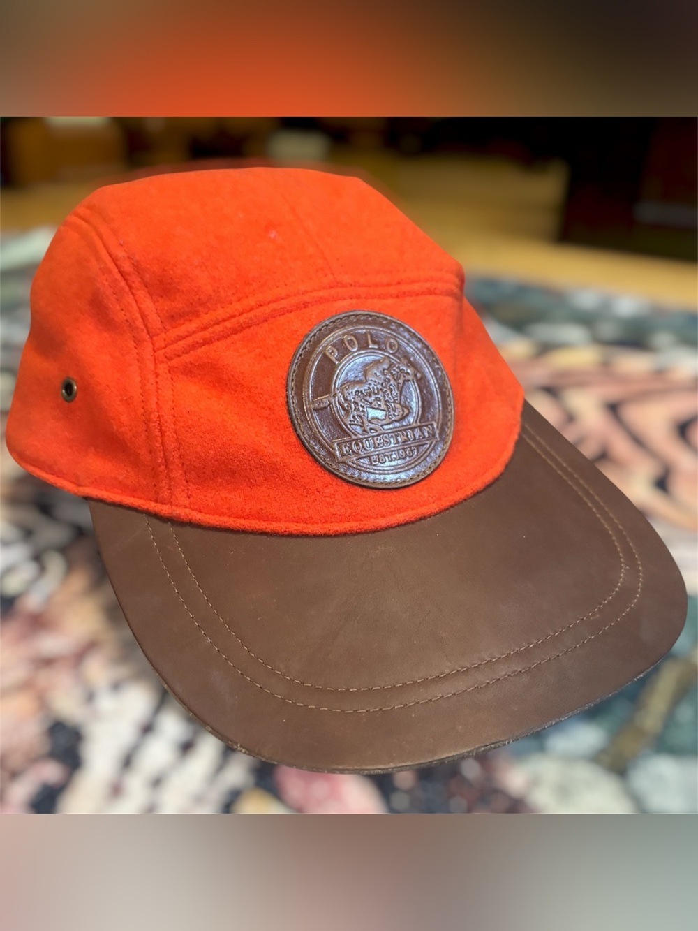 Polo Ralph Lauren Equestrian 5 Panel Gear Cap Hat Wool Leather Long Bill Strap